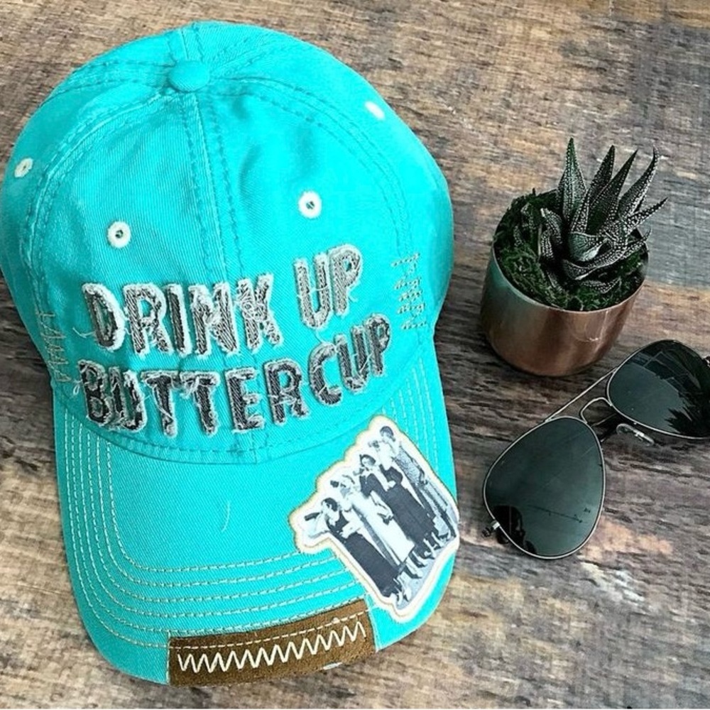 A3 Artist Merchandise Drink Up Buttercup Distressed Turquoise Baseball Hat Cap